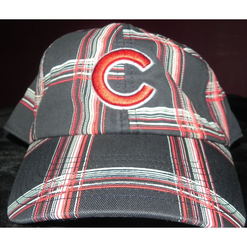 Chicago Cubs ’47 Brand Blue Plaid Fitted Hat Medium Red White MLB